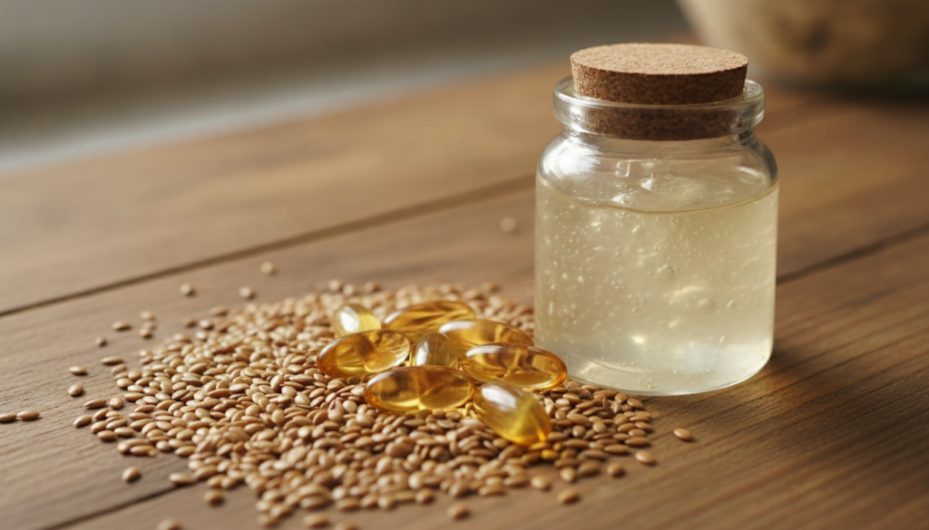 A close-up shot of flaxseeds and vitamin E capsules alongside a small glass jar filled with a homemade translucent flaxs