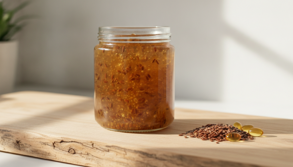 A clear glass jar filled with a homemade flaxseed and Vitamin E gel placed on a natural wooden surface next to scattered