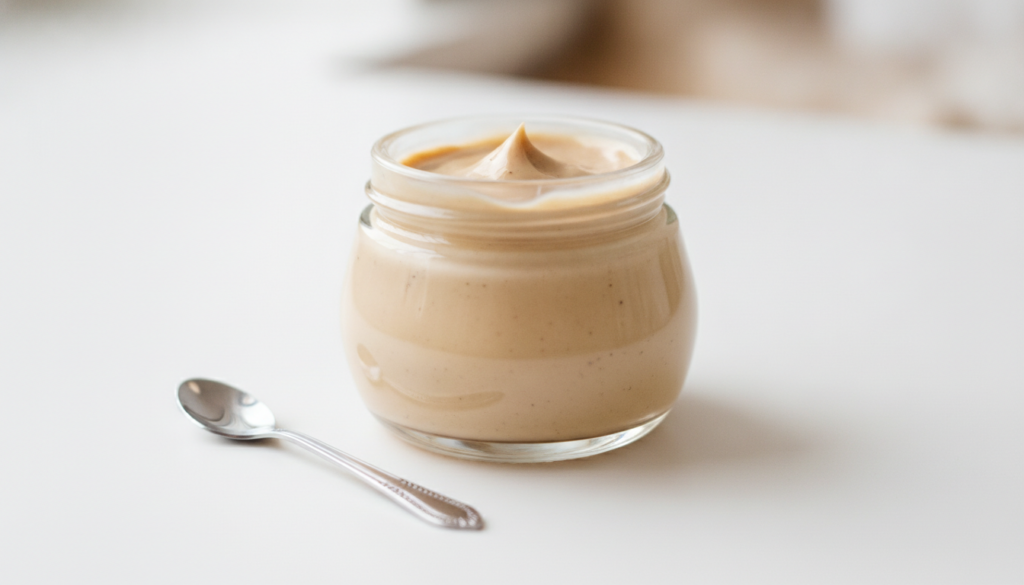 Close-up shot of a small jar containing the mixed DIY coffee Vaseline and sweet almond oil eye cream with a spoon nearby