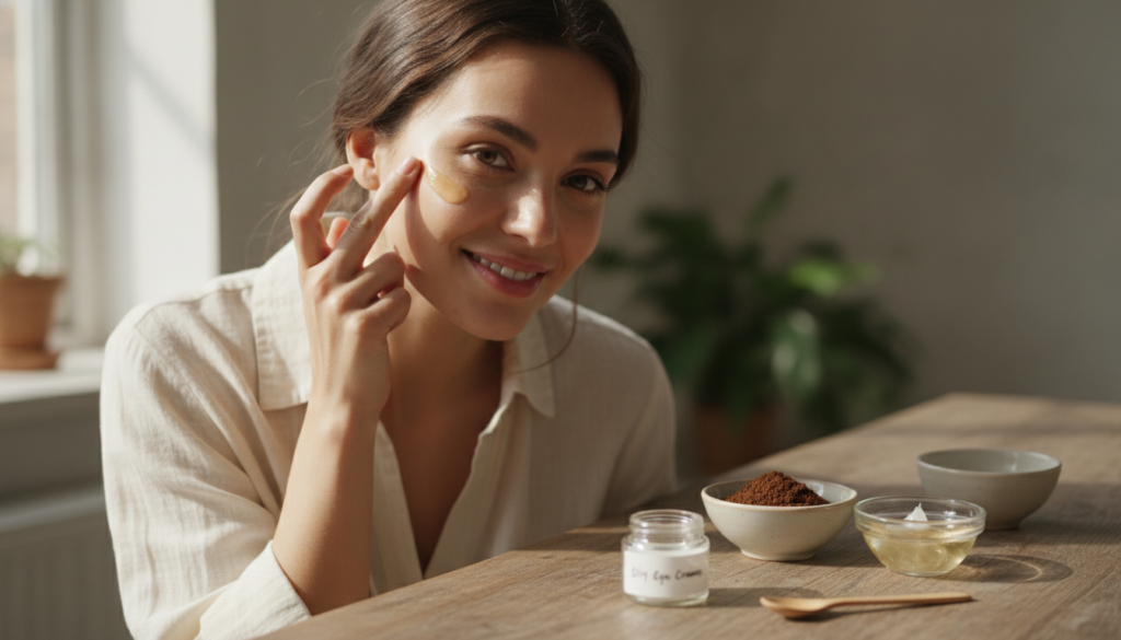A woman applying a homemade eye cream to her under-eye area looking refreshed and happy The ingredients coffee grounds v