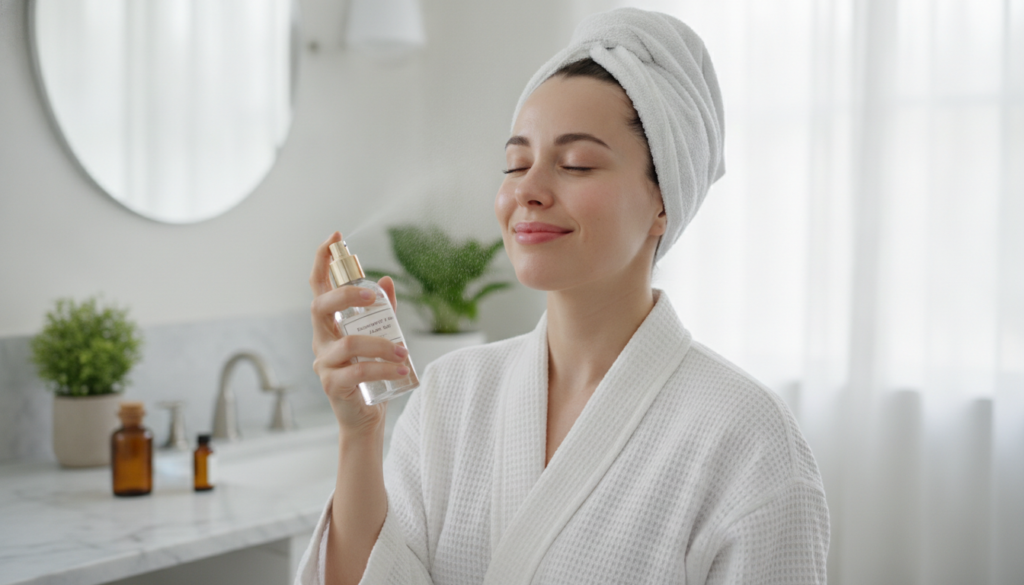 A woman gently misting her face with a natural DIY toner from a spray bottle looking refreshed and happy in a bright bat