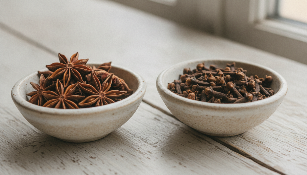 A close-up of fresh vibrant star anise and whole cloves in small rustic bowls ready to be used for a DIY beauty recipe w