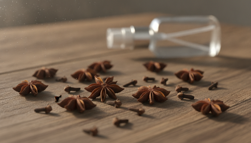 A beautiful close-up of dried star anise and cloves scattered on a wooden surface with a small elegant glass spray bottl