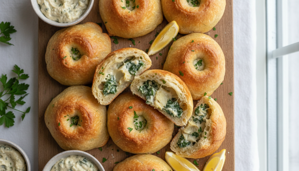Crispy golden-brown bread pockets some sliced open and filled with a creamy cheesy spinach and artichoke dip Green fleck