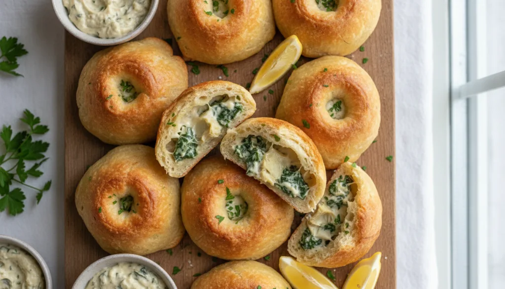 Crispy golden-brown bread pockets some sliced open and filled with a creamy cheesy spinach and artichoke dip Green fleck