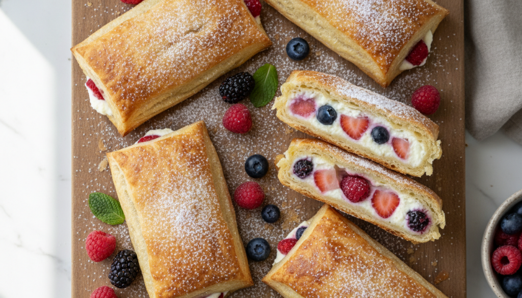 Crispy golden-brown bread pockets some sliced open and filled with a creamy mix of cream cheese and vibrant mixed berrie