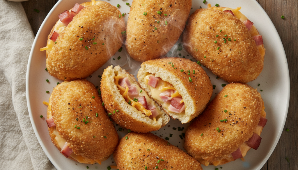 Crispy golden-brown bread pockets some sliced open to reveal a warm melty filling of diced ham and shredded cheddar chee