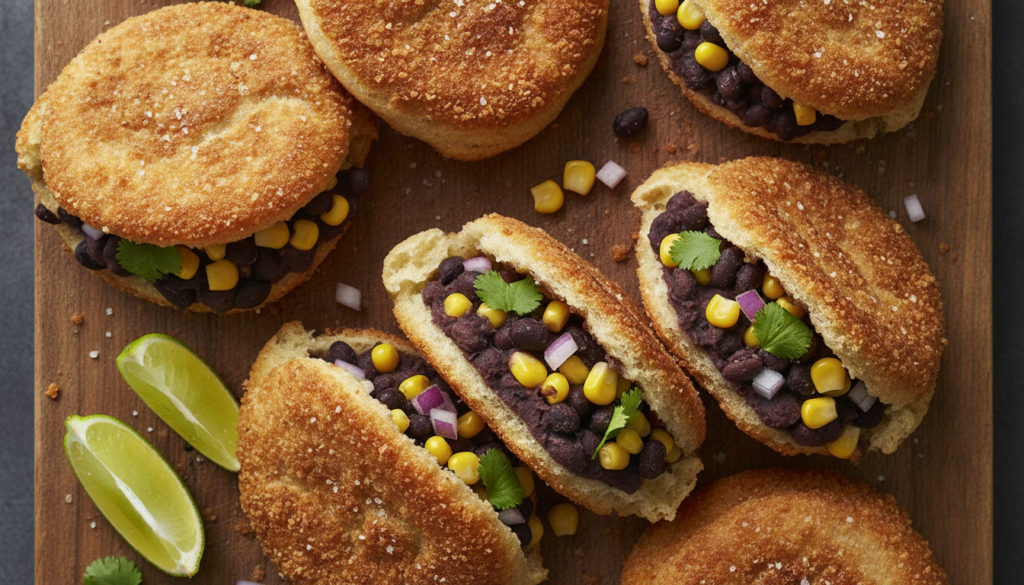 Crispy golden-brown bread pockets some sliced open and filled with a vibrant colorful mix of mashed black beans corn ker