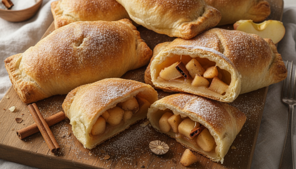 Crispy golden-brown bread pockets some sliced open and filled with a warm spiced apple filling similar to apple pie A li
