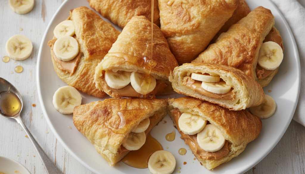 Crispy golden-brown bread pockets some sliced open and filled with creamy peanut butter and thin slices of banana A driz