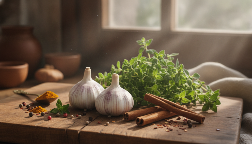 A variety of fresh herbs and spices including whole garlic bulbs bundles of fresh oregano and cinnamon sticks artfully a
