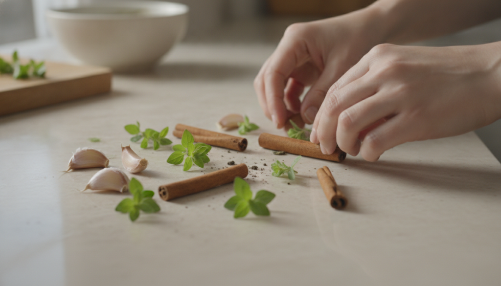 A person s hands gently arranging fresh garlic cloves oregano sprigs and cinnamon sticks on a clean kitchen counter bath