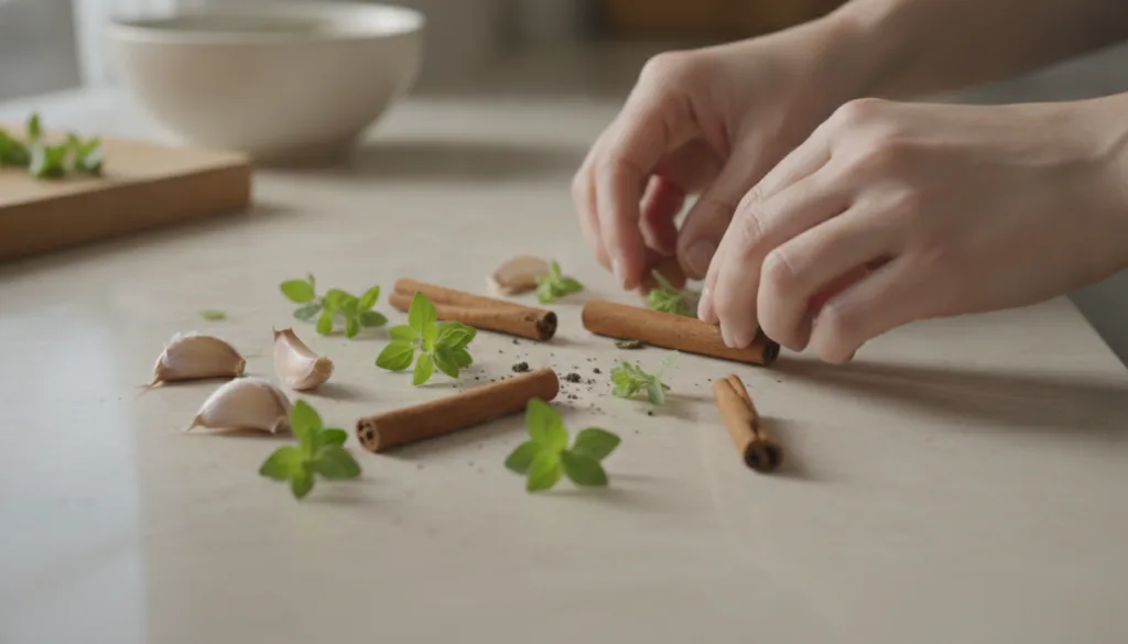 A person s hands gently arranging fresh garlic cloves oregano sprigs and cinnamon sticks on a clean kitchen counter bath