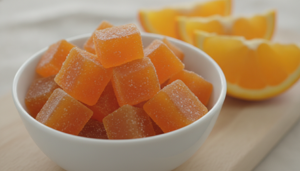 Small orange-colored fruit candies in a white bowl with fresh orange slices in the background bright natural light