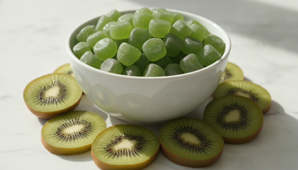 Small green kiwi-colored fruit candies in a white bowl with fresh kiwi slices in the background bright natural light