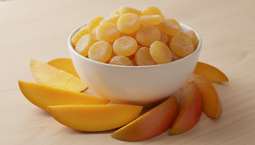 Small mango-colored fruit candies in a white bowl with fresh mango slices in the background bright natural light