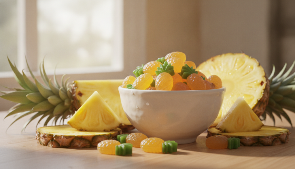 Small yellow pineapple-colored fruit candies in a white bowl with fresh pineapple slices in the background bright natura