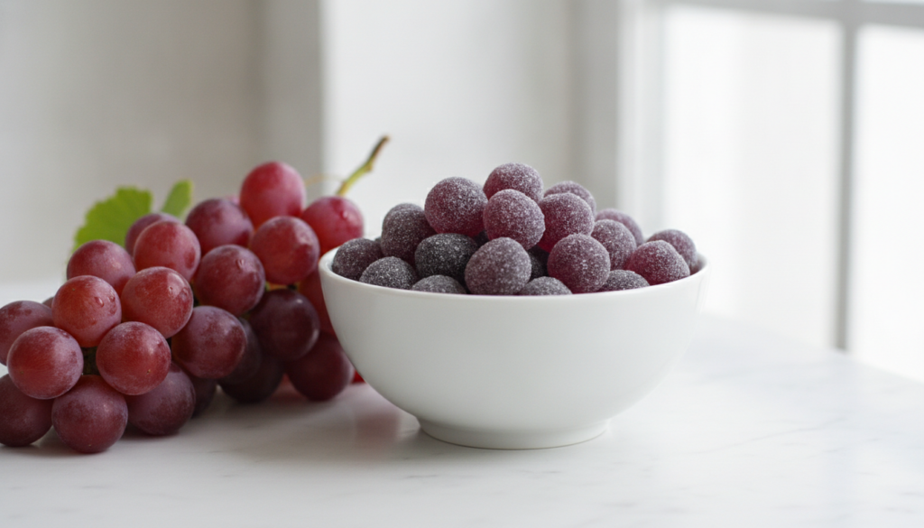 Small purple grape-colored fruit candies in a white bowl with fresh red grapes in the background bright natural light