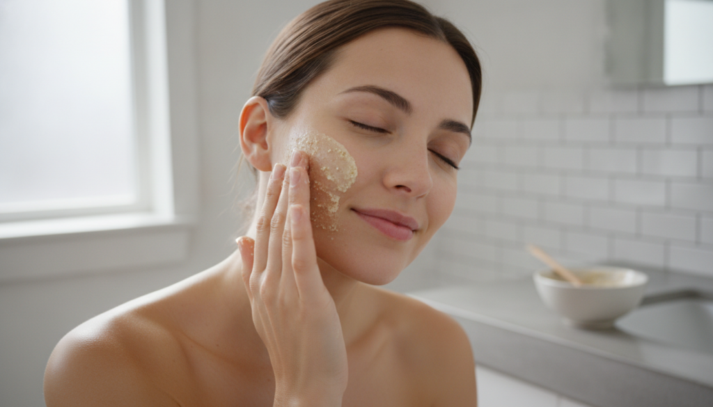 A woman gently applying a homemade scrub to her face in a bathroom focusing on circular motions