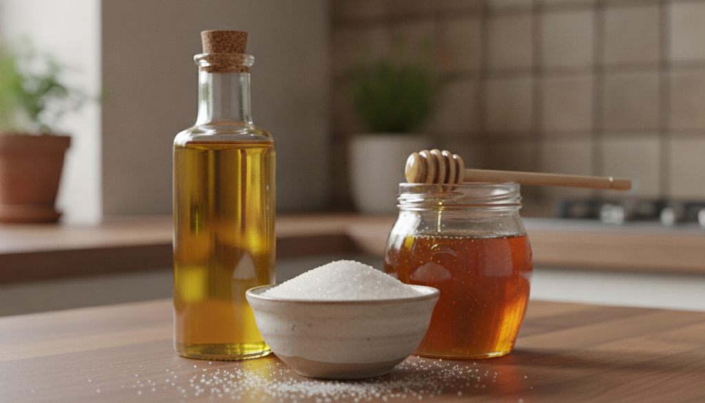 Individual ingredients for a DIY scrub a small bowl of sugar a bottle of castor oil and a jar of honey