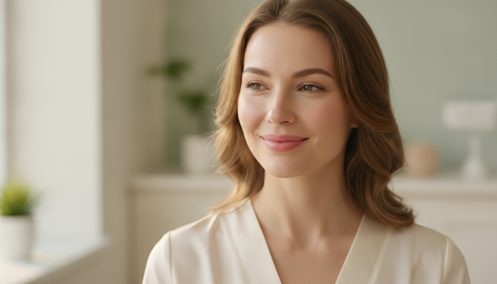 A woman with glowing radiant and smooth skin after using a face mask smiling softly with soft natural lighting