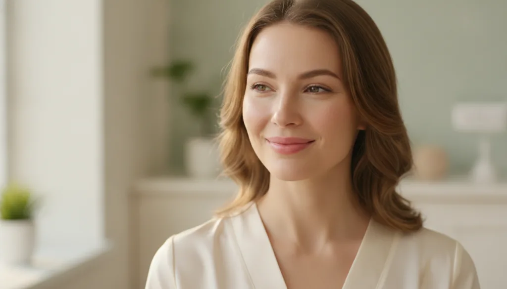 A woman with glowing radiant and smooth skin after using a face mask smiling softly with soft natural lighting