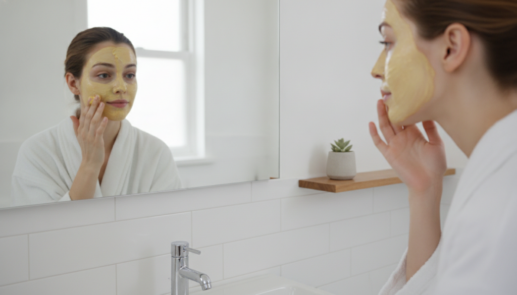 A woman gently applying the yellowish Vaseline and tomato mask to her face with her fingertips in a brightly lit bathroo