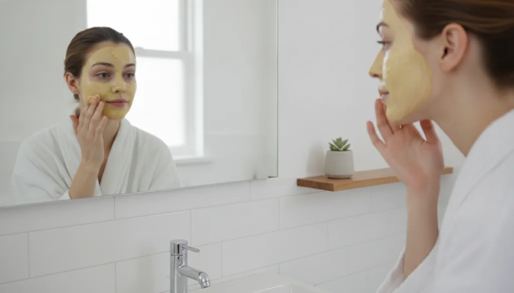 A woman gently applying the yellowish Vaseline and tomato mask to her face with her fingertips in a brightly lit bathroo