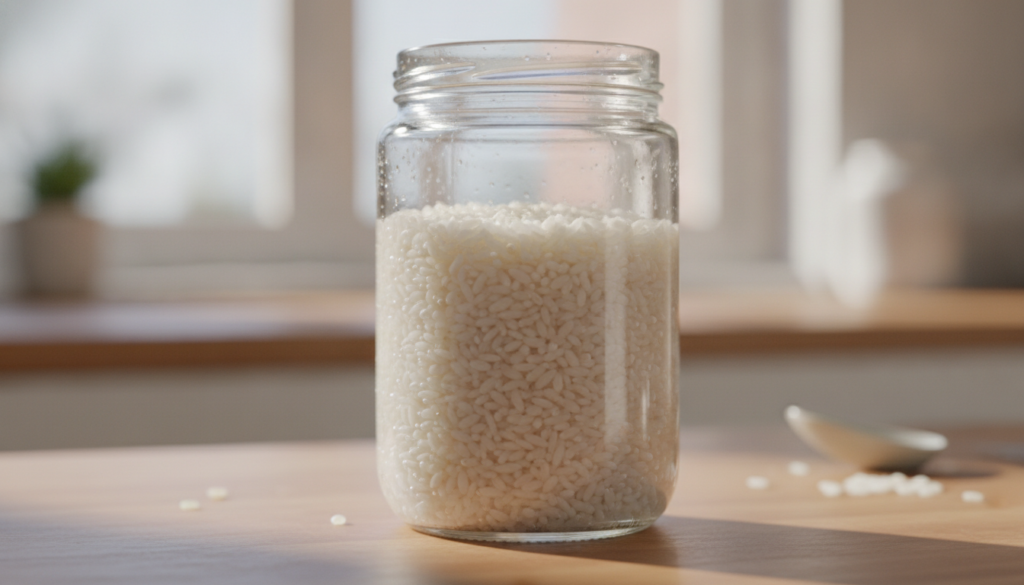 A close-up of a glass jar containing white rice soaking in water illustrating the preparation step for rice water with s