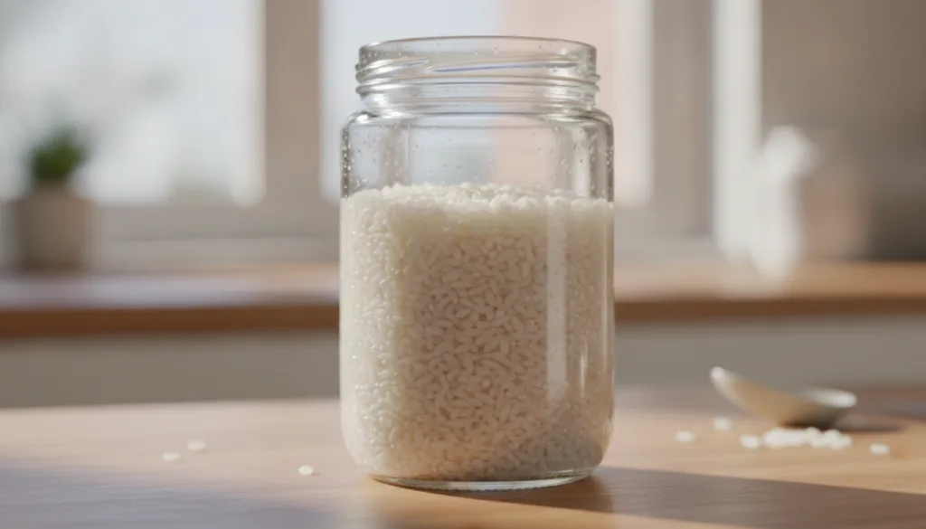 A close-up of a glass jar containing white rice soaking in water illustrating the preparation step for rice water with s