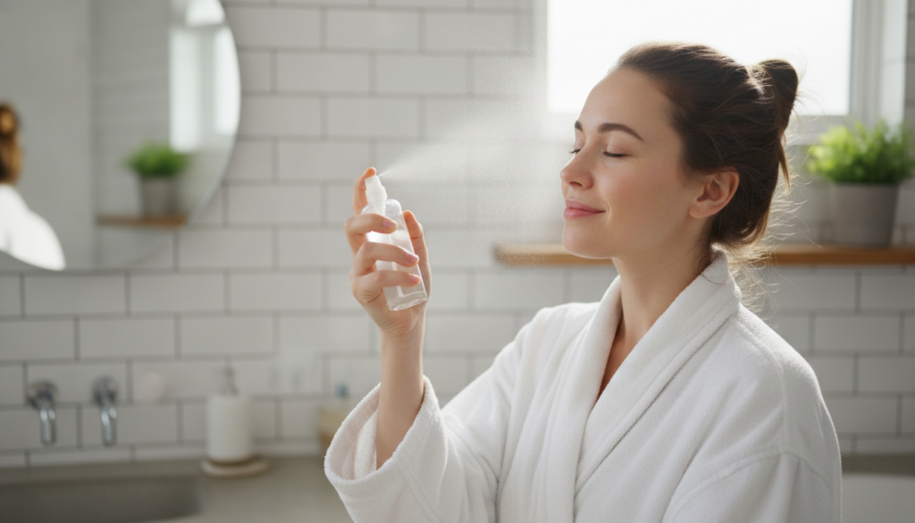 A woman gently spraying rice water onto her face from a small spray bottle with a fresh and clean expression in a bright