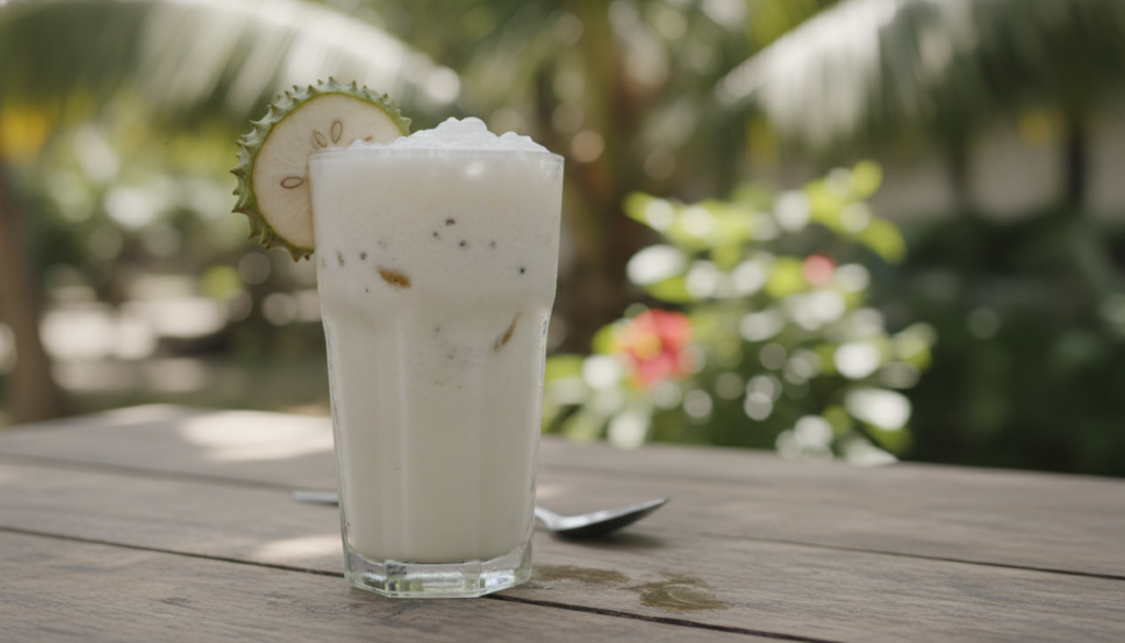 A refreshing glass of guanábana smoothie or juice garnished with a slice of soursop on a wooden table outdoors in a trop