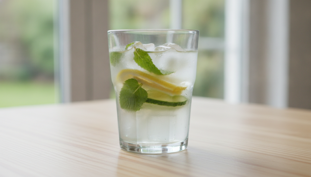 A refreshing glass of lemon and cucumber infused water with fresh mint and ice