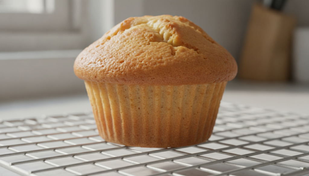 A freshly baked classic fluffy rice flour cupcake on a cooling rack golden brown with a delicate texture