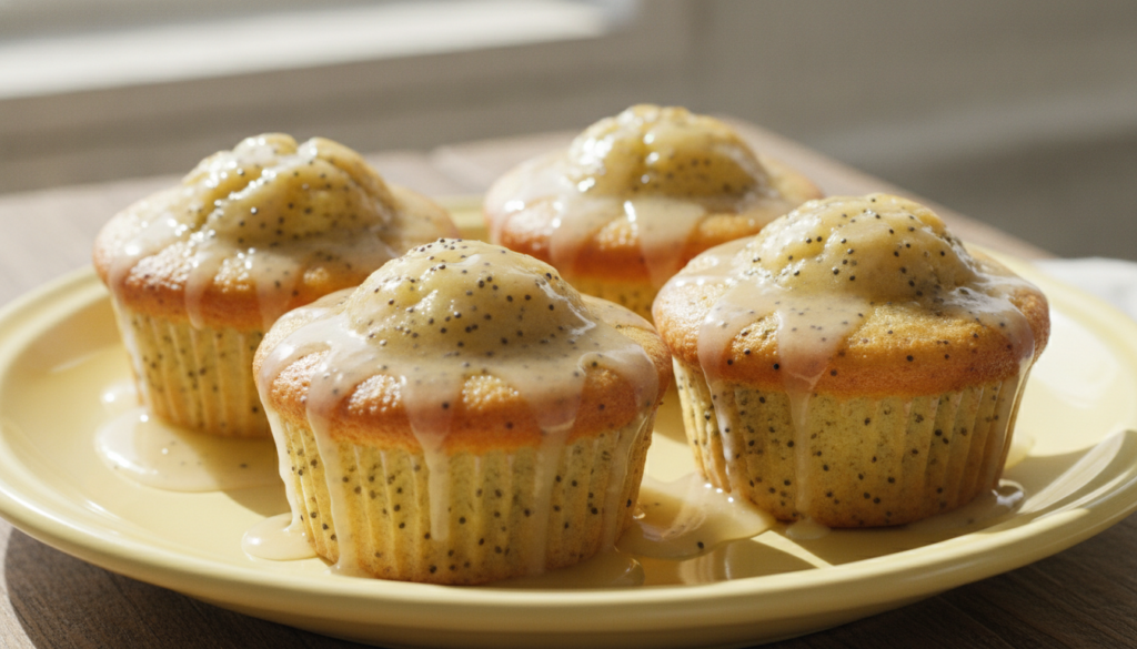 Lemon poppy seed rice flour cupcakes with a light lemon glaze and poppy seeds sprinkled on top vibrant and fresh