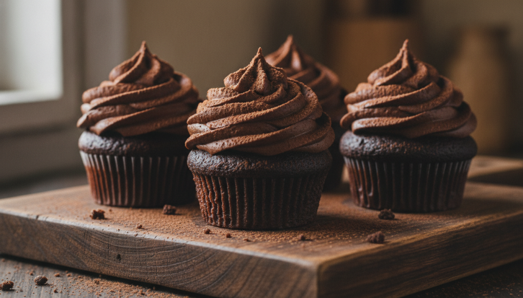 Dark chocolate rice flour cupcakes with a swirl of chocolate frosting dusted with cocoa powder rich and appealing