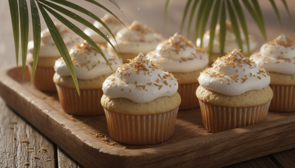 Coconut rice flour cupcakes topped with toasted shredded coconut and a light coconut cream frosting tropical vibe