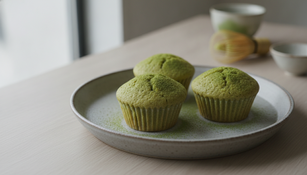 Matcha rice flour cupcakes with a light green hue lightly dusted with matcha powder presented on a Japanese-style cerami