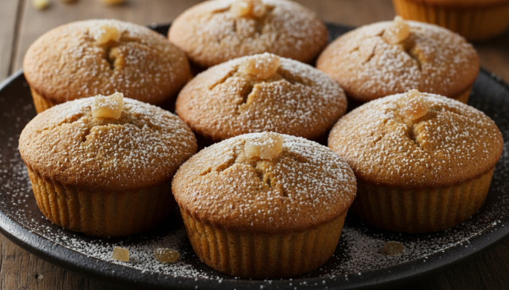 Ginger spice rice flour cupcakes golden brown with a light dusting of powdered sugar and a few candied ginger pieces on 