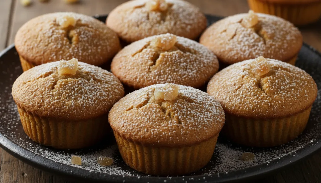 Ginger spice rice flour cupcakes golden brown with a light dusting of powdered sugar and a few candied ginger pieces on 