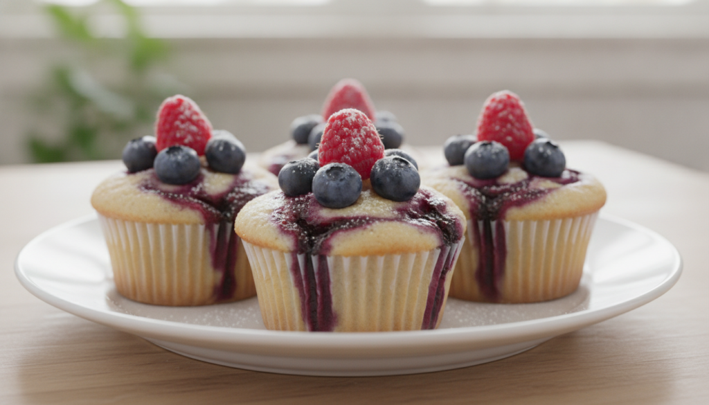 Rice flour cupcakes with visible swirls of vibrant berry puree some topped with fresh berries on a white ceramic plate