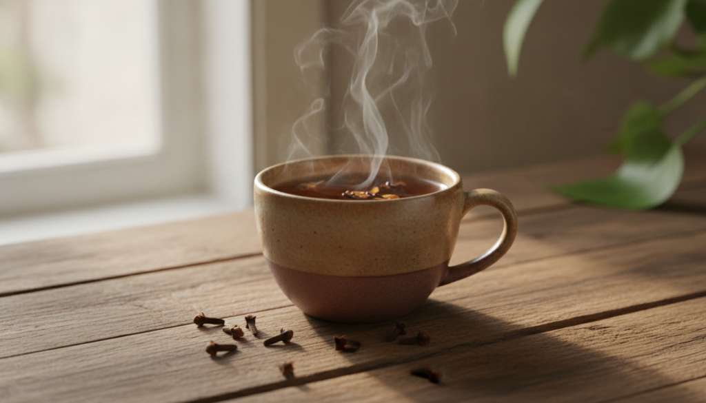 A steaming cup of clove tea with a few whole cloves next to it on a rustic wooden table evoking warmth and comfort