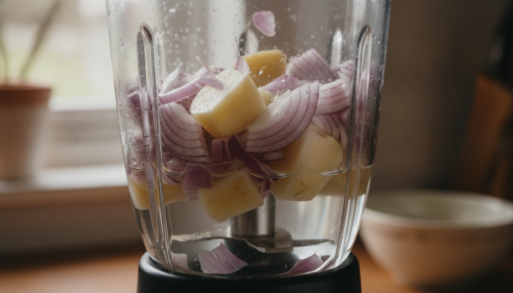 A close-up of chopped red onion and potato pieces in a blender with a little water ready to be blended into a paste