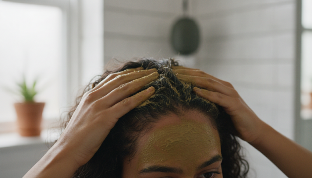 A person applying a natural hair paste to their scalp carefully spreading it through the roots of their hair