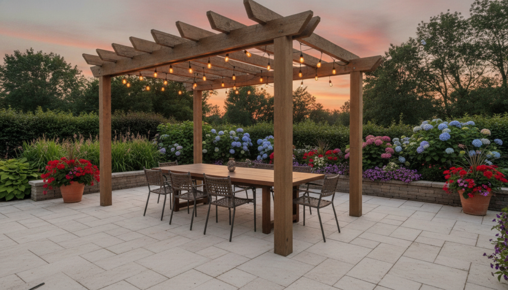 A modern outdoor dining area under a wooden pergola with string lights featuring a dark dining set on light pavers surro