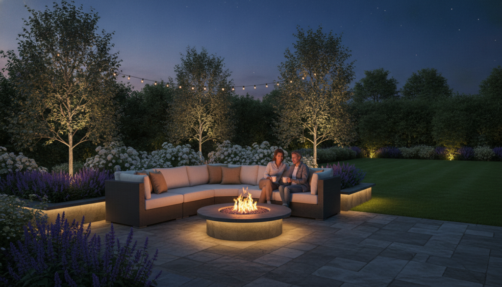 A cozy outdoor lounge area with an L-shaped sofa a built-in fire pit and accent lighting surrounded by lush landscaping