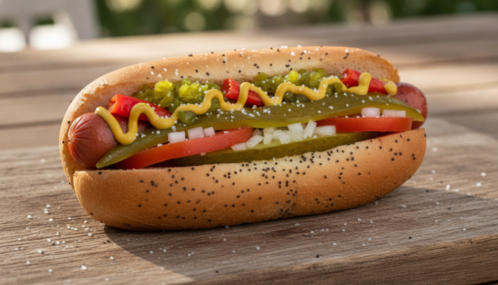 A Chicago-style hot dog in a poppy seed bun loaded with yellow mustard bright green relish chopped white onions tomato w
