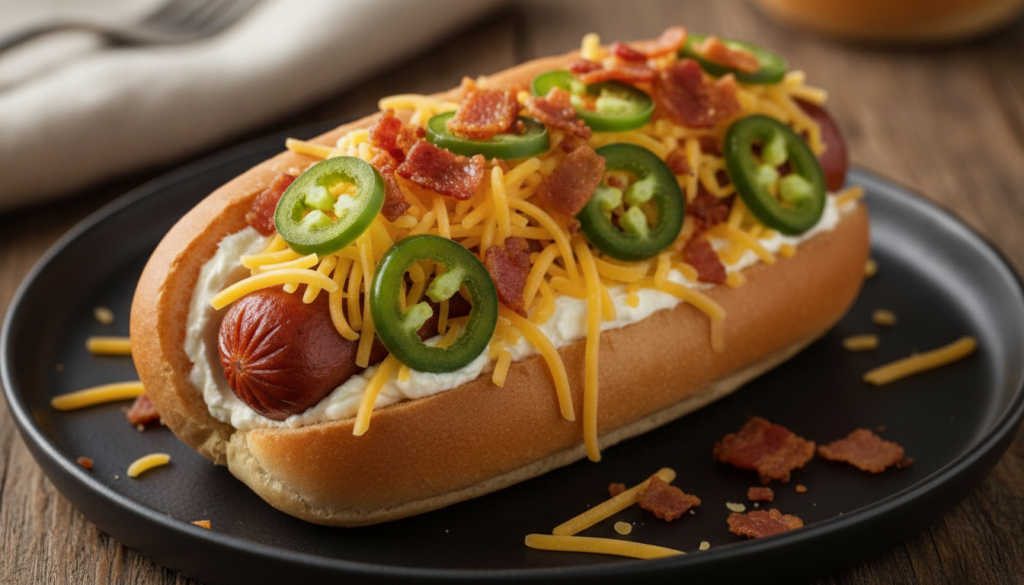 A gourmet hot dog in a bun generously filled with melted shredded cheddar cheese sliced fresh green jalapeños and crispy