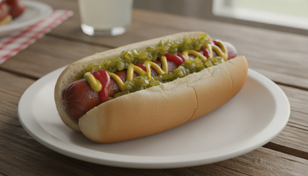 A classic American hot dog in a bun topped with zig-zags of yellow mustard red ketchup and green sweet relish It is pres