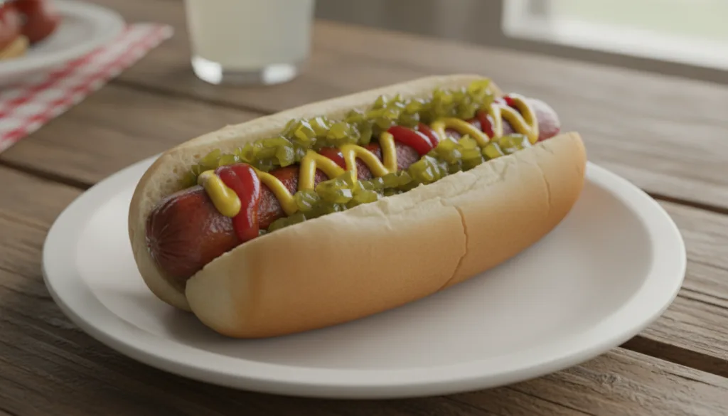A classic American hot dog in a bun topped with zig-zags of yellow mustard red ketchup and green sweet relish It is pres